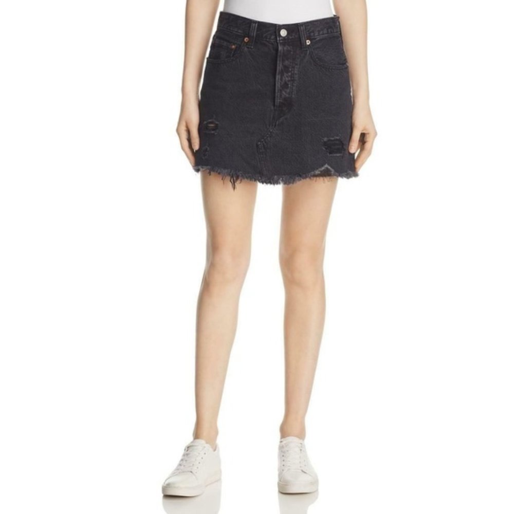Levi's Black Flat Front Button Fly Destructed Look Mini Denim Skirt Size 31